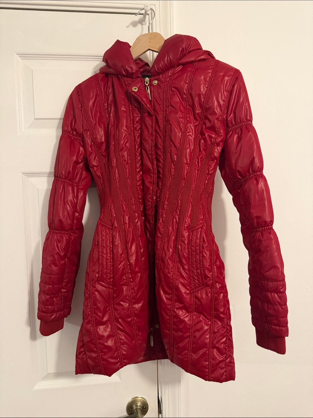 Women's Red Quilted Hooded Winter Coat
